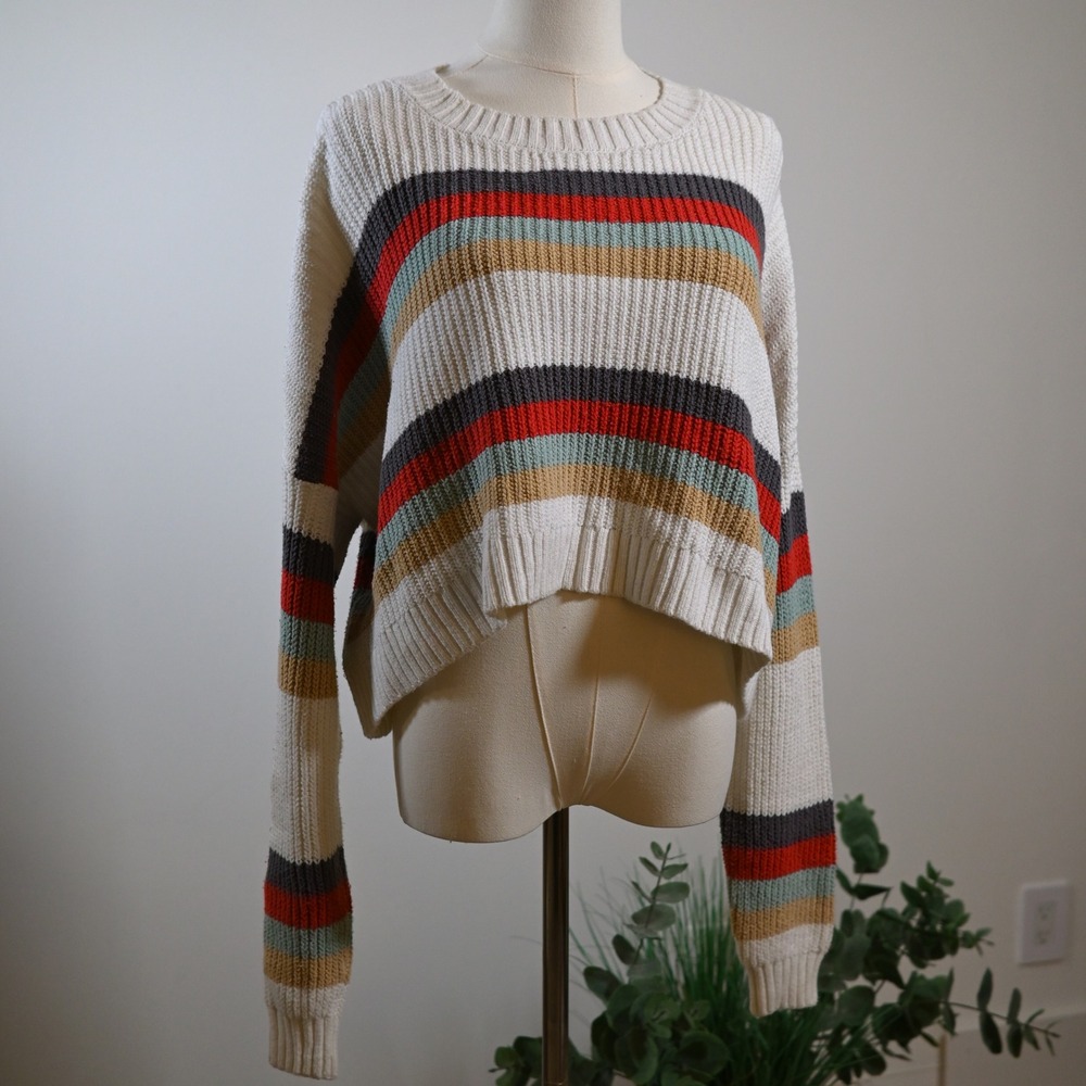 Hollister Womens Striped Cropped Shaker Knit Sweater Cream Red Small
